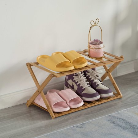 Basicwise Bamboo Foldable Shoe Rack, Free Standing Shoe Organizer Storage Rack, 2 Tier QI004329.2